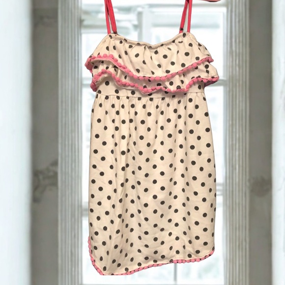 Vintage-Inspired Polka Dot Sundress – White with Black Dots, Pink Ruffle Trim - Picture 1 of 4